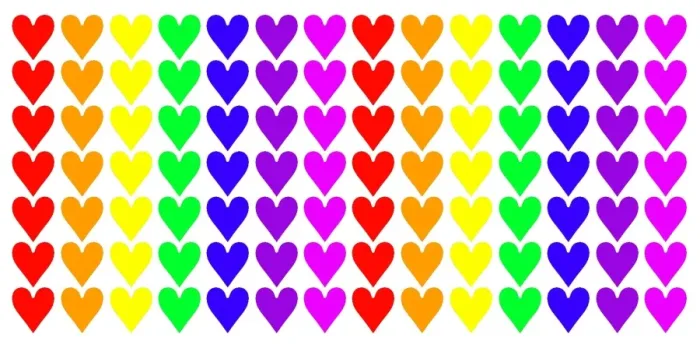  : Multi-coloured love heart mug covered in lines of rainbow hearts