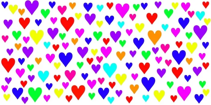  : Multi-coloured love heart mug covered in rainbow hearts