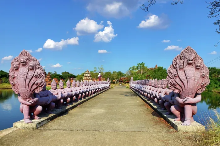  : Naga Statue bridge at Muang Boran, The Ancient City, historical museum of reproductions of famous Thai buildings, Bangkok, Thailand