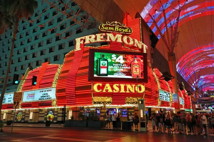  : Neon lights of casinos in Fremont Street at night, Las Vegas, Nevada, America