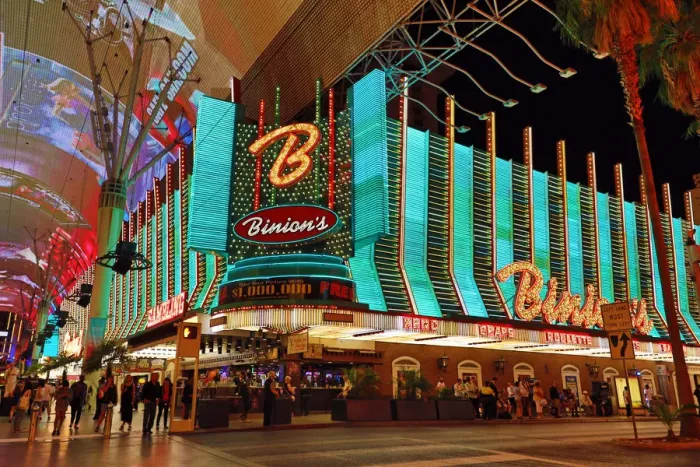  : Neon lights of casinos in Fremont Street at night, Las Vegas, Nevada, America