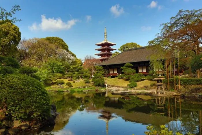  : Pagoda and oriental garden at Senso-Ji Temple in Asakusa in Tokyo, Japan