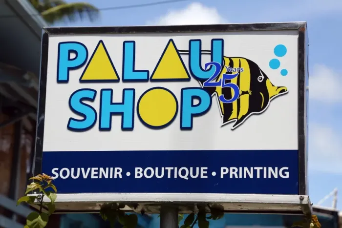  : Palau shop sign in Koror, Koror Island, Republic of Palau, Micronesia, Pacific Ocean