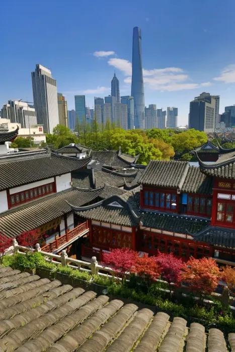  : The Pudong city skyline in Shangha in the background of the Yuyuan gardens in the Old City, Shanghai, China