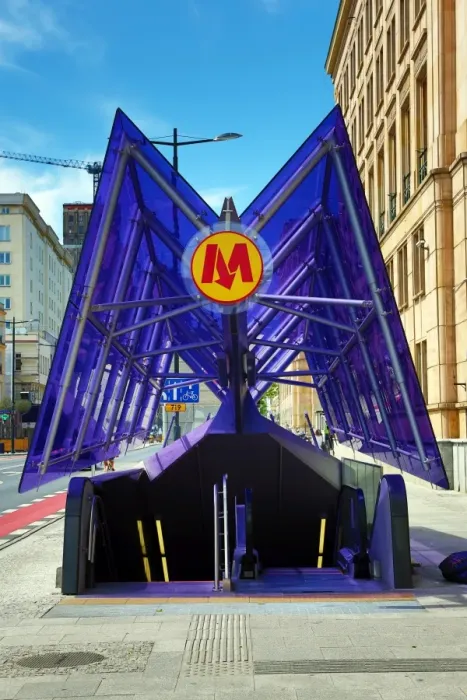  : Purple glass M roof of a metro station in Warsaw, Poland