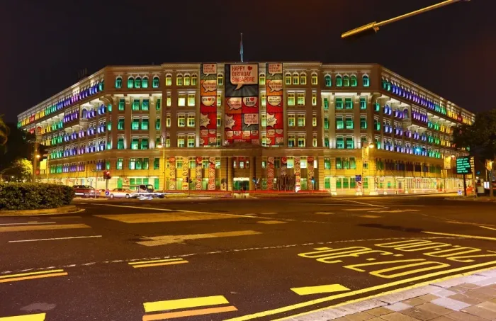 : Rainbow coloured lights in the windows of the Old Hill Street Police Station housing the Ministry of Communications and Information in Singapore, Republic of Singapore : Rainbow coloured lights in the windows of the Old Hill Street Police Station housing the Ministry of Communications and Information in Singapore, Republic of Singapore