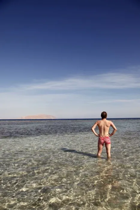  : Rear view of a man on summer holiday standing in the sea on the beach