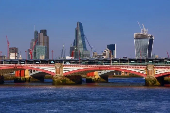  : River Thames with Blackfriars Bridge and the City of London skyline in London, England