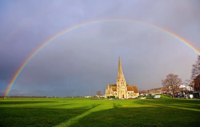  : Seasonal weather - Rainbow over All Saints Church, Blackheath, London, UK