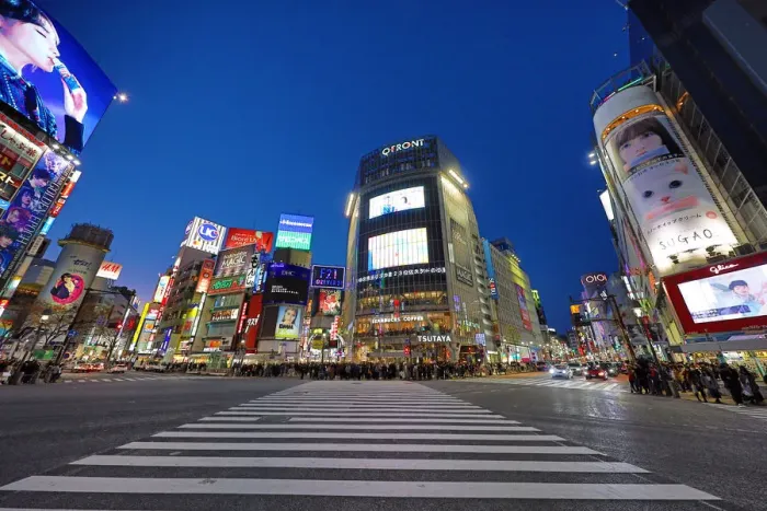  : Shibuya pedestrian crossing in Shibuya with lights at night, Tokyo, Japan
