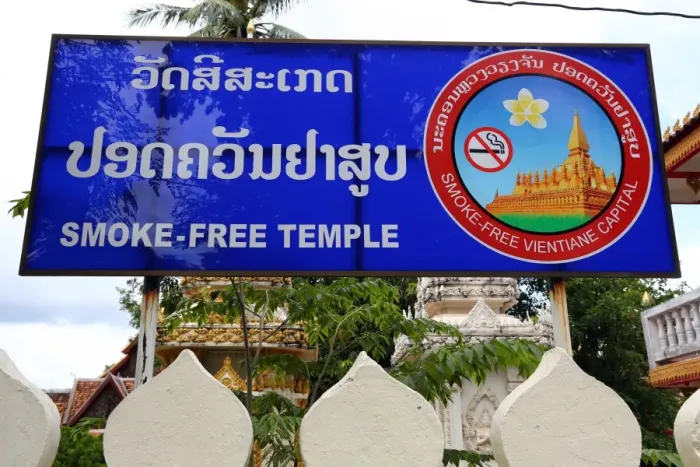  : Smoke free Temple sign at Wat Si Saket Buddhist Temple, Vientiane, Laos