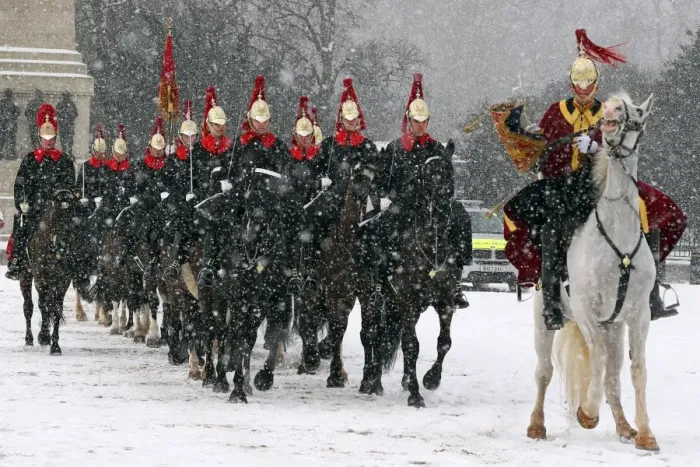  : Snow spooks horse at the Changing of the Queens Life Guards, London