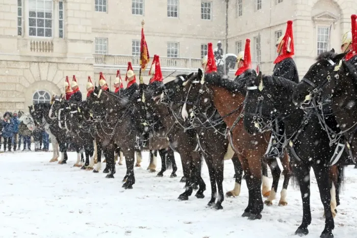  : Snow spooks horse at the Changing of the Queens Life Guards, London