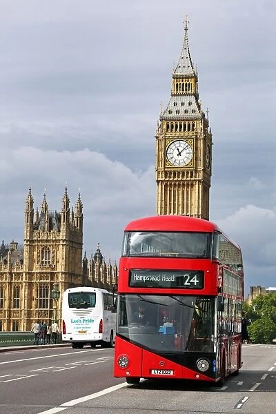 Souvenir Red London Double-Decker Bus and Big Ben, Houses of Parliament. Westminster Bridge, London, England