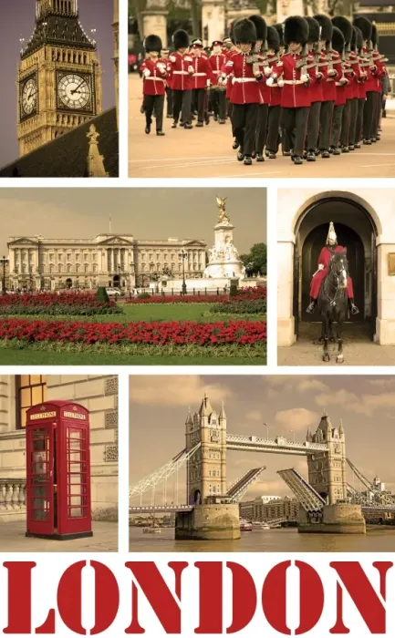  : Souvenir sepia photos of Big Ben, Buckingham Palace, Guards, Tower Bridge and a Telephone Box in London, England