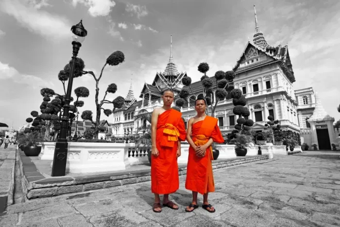  : Spot colour Buddhist Monks at the Grand Palace, Wat Phra Kaew, Bangkok, Thailand
