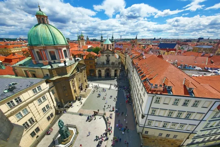  : St Francis of Assisi Church and rooftops of the Prague city skyline in the Czech Republic
