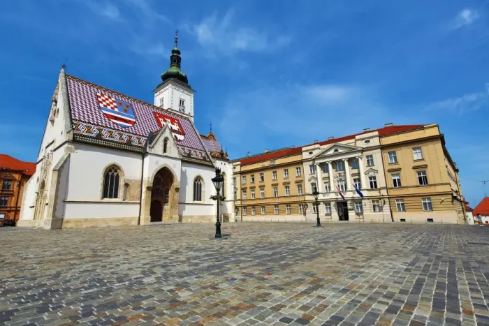 : St. Marks Church and the Croatian Parliament in St. Marks Square in Zagreb, Croatia