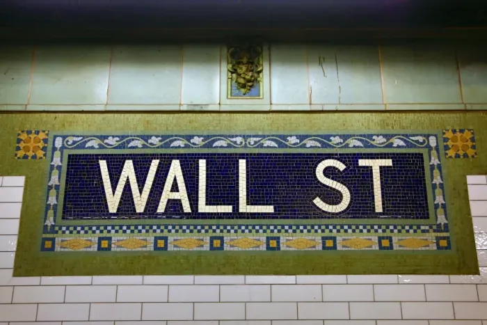  : Station sign at the Wall Street Subway station, New York. America