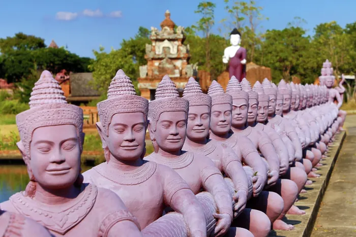  : Statues forming a bridge at Muang Boran, The Ancient City, historical museum of reproductions of famous Thai buildings, Bangkok, Thailand