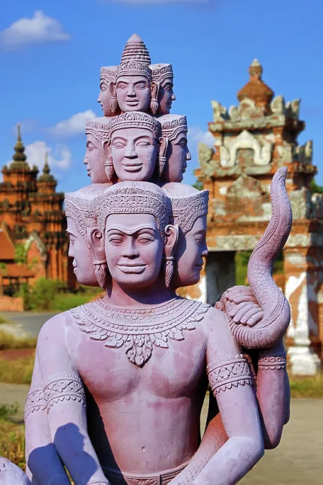  : Statues forming a bridge at Muang Boran, The Ancient City, historical museum of reproductions of famous Thai buildings, Bangkok, Thailand