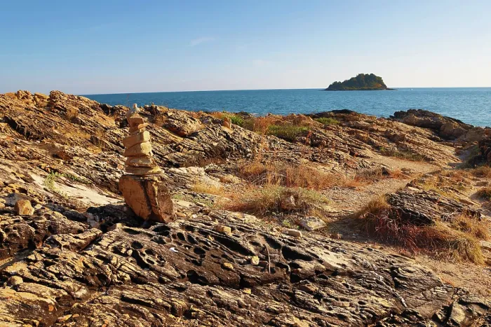  : Stone cairn at Ao Pakarang viewpoint at the tip of Koh Samet island, Thailand