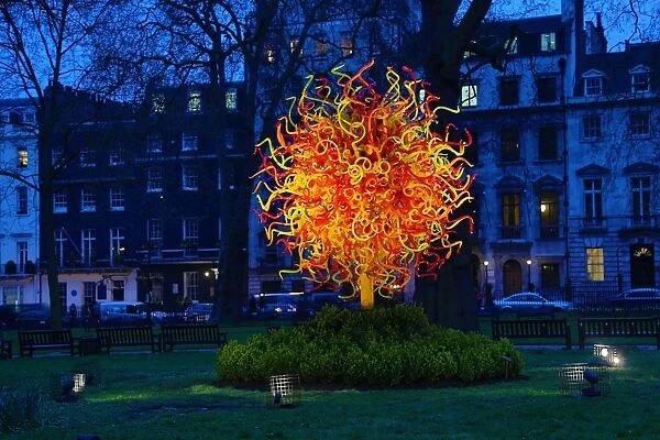 The Sun glass sculpture by Dale Chihuly comes out at night in Berkeley Square, London