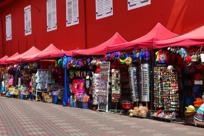  : Tourist souvenir shops in Dutch Square, known as Red Square, in Malacca, Malaysia