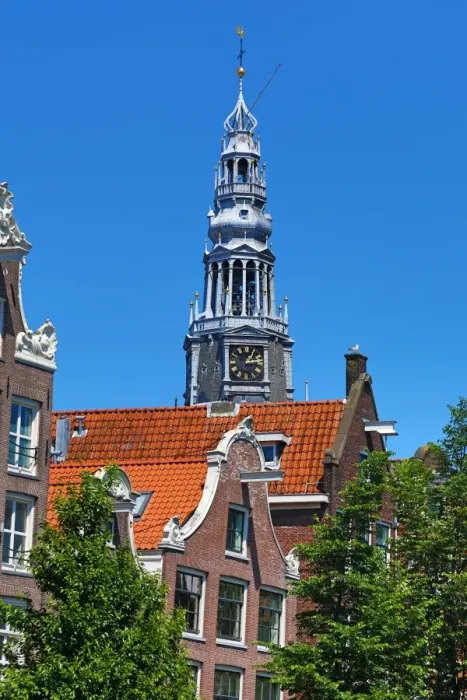  : Tower of the Oude Kerk, old church, in Amsterdam, Holland