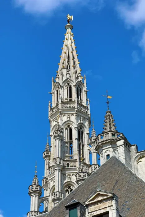  : Tower and spire of the Town Hall in the Grand Place or Grote Markt, Brussels, Belgium