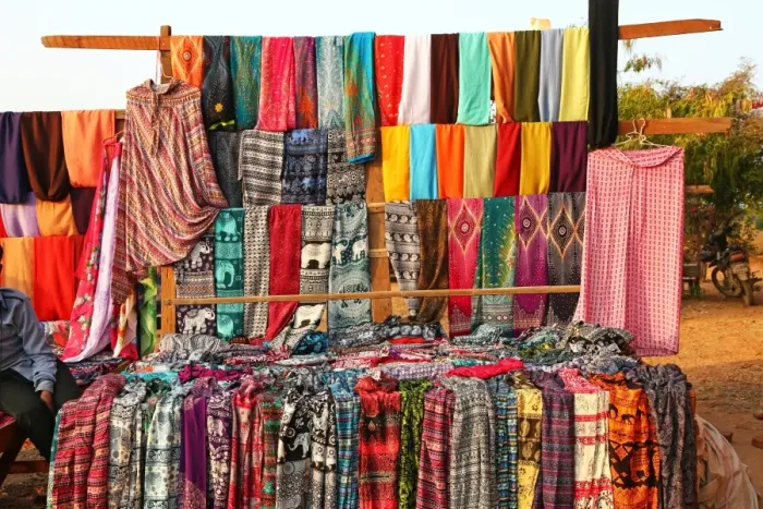  : Trouser and clothing stall at Pyathadar Hpaya Temple Pagoda on the Plain of Bagan