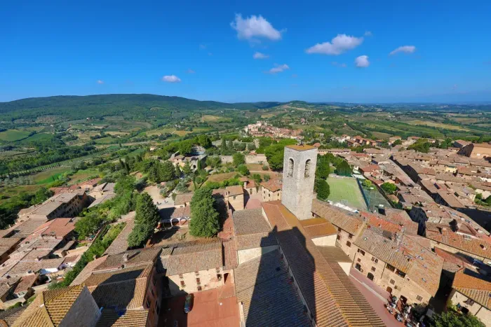  : View from the Torre Grossa over the rooftops of San Gimignano and the Tuscan countryside