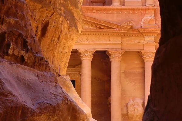 View of the Treasury, Al-Khazneh, from the Siq, Petra, Jordan