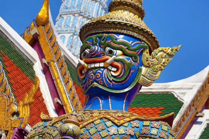  : Virulhok Giant Yaksha Demon Temple Guardian statue at Wat Phra Kaew Royal Palace complex in Bangkok