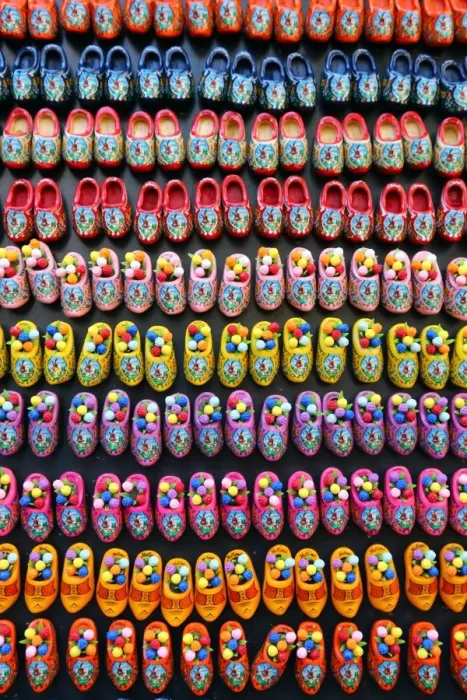  : Wooden clogs fridge magnets on sale in the flower market in Amsterdam, Holland