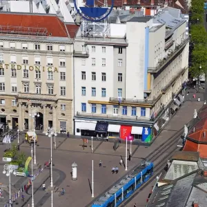 Aerial view of Ban Jelacic Square with a tram in Zagreb, Croatia