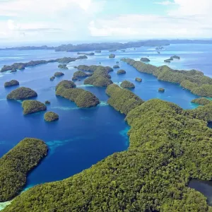 Aerial view of islands in the Archipelago of Palau, Republic of Palau, Micronesia