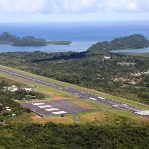 Aerial view of Koror Airport, Koror Island, Republic of Palau, Micronesia, Pacific Ocean