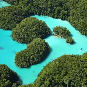 Aerial view of the Milky Way among the islands in the Archipelago of Palau, Republic of Palau