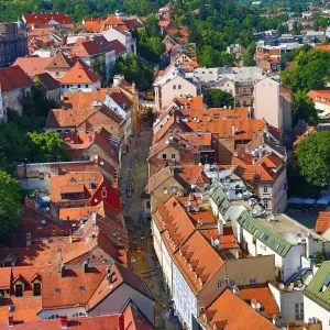 Aerial view of the rooftops of Radiceva Street in Zagreb, Croatia