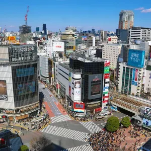 Aerial view of the Shibuya pedestrian crossing in Shibuya, Tokyo, Japan