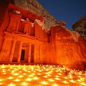 Al-Khazneh, the Treasury, by night with candles, Petra, Jordan