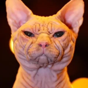 Artemis aka Wrynkleskyns Mementi Mori the hairless Sphynx Cat at the London Pet Show 2013