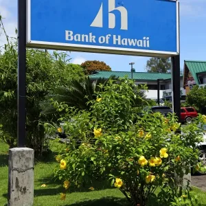 Bank of Hawaii sign in Koror, Koror Island, Republic of Palau, Micronesia, Pacific Ocean