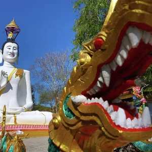 Big white Buddha statue at Wat Ko Kaew Pitsadan Temple, Koh Samet, Thailand