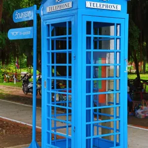 Blue traditional London / British telephone box in Ayutthaya, Thailand