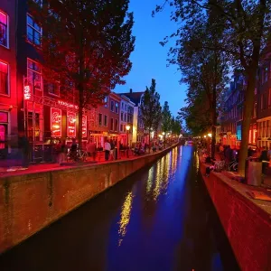 Brothels in the red light district on the Oudezijds Achterburgwal canal in Amsterdam