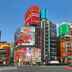 Buildings and advertising signs in Shinjuku in Tokyo, Japan
