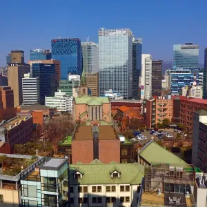 Buildings of the Myeongdong skyline and Myeongdong Cathedral, Seoul, Korea