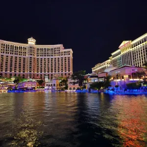 Caesars Palace and The Bellagio Hotel and Casino at night, Las Vegas, Nevada, America